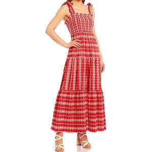 NWT Embroidered Square Neck Tie Strap Smocked Tiered Maxi Dress Size Medium